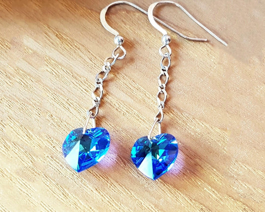  Long Sapphire Blue Crystal Heart Dangle Earrings, Long Sterling Silver chain with Crystal Blue Heart