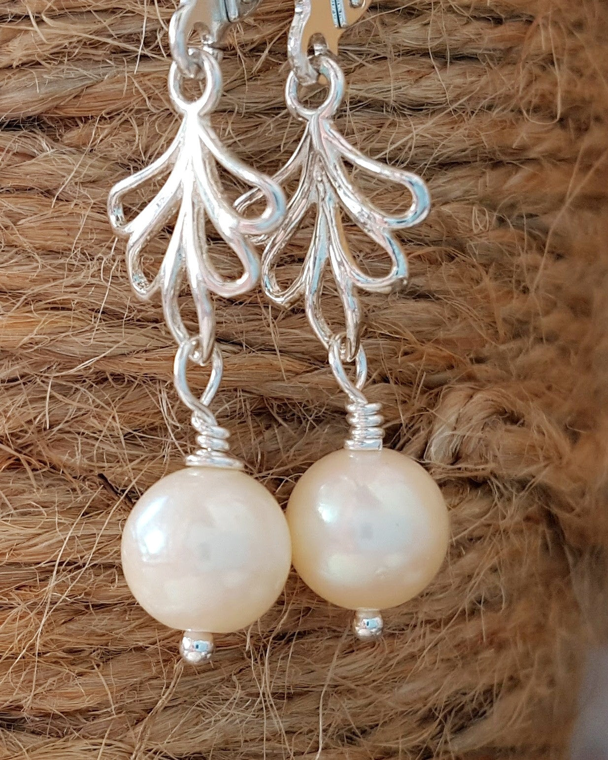 Elegant Vintage Cultured Pearl Earrings, Round Cultured Pearls Dangle from Filigree Silver Pendants on Leaver Back Earring Hooks