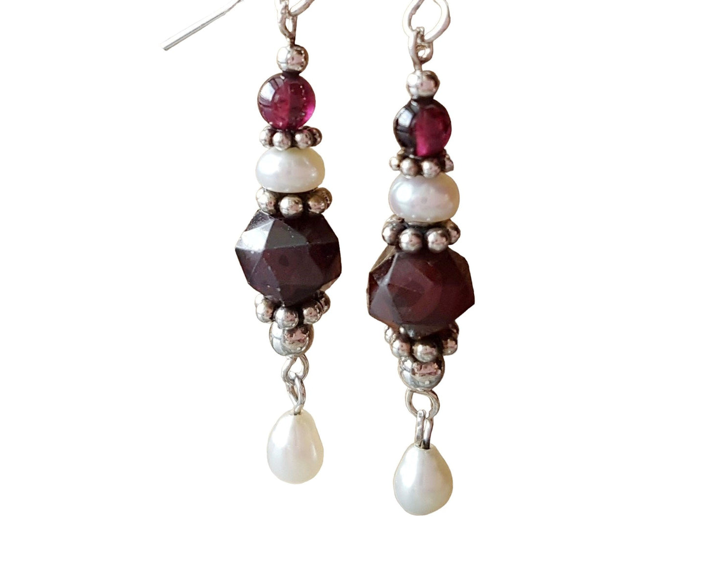 Victorian Garnet Pearl Dangle Earrings, Long Vintage Inspired-Deep Red Gemstones-White Freshwater Cultured Pearls-Sterling silver.