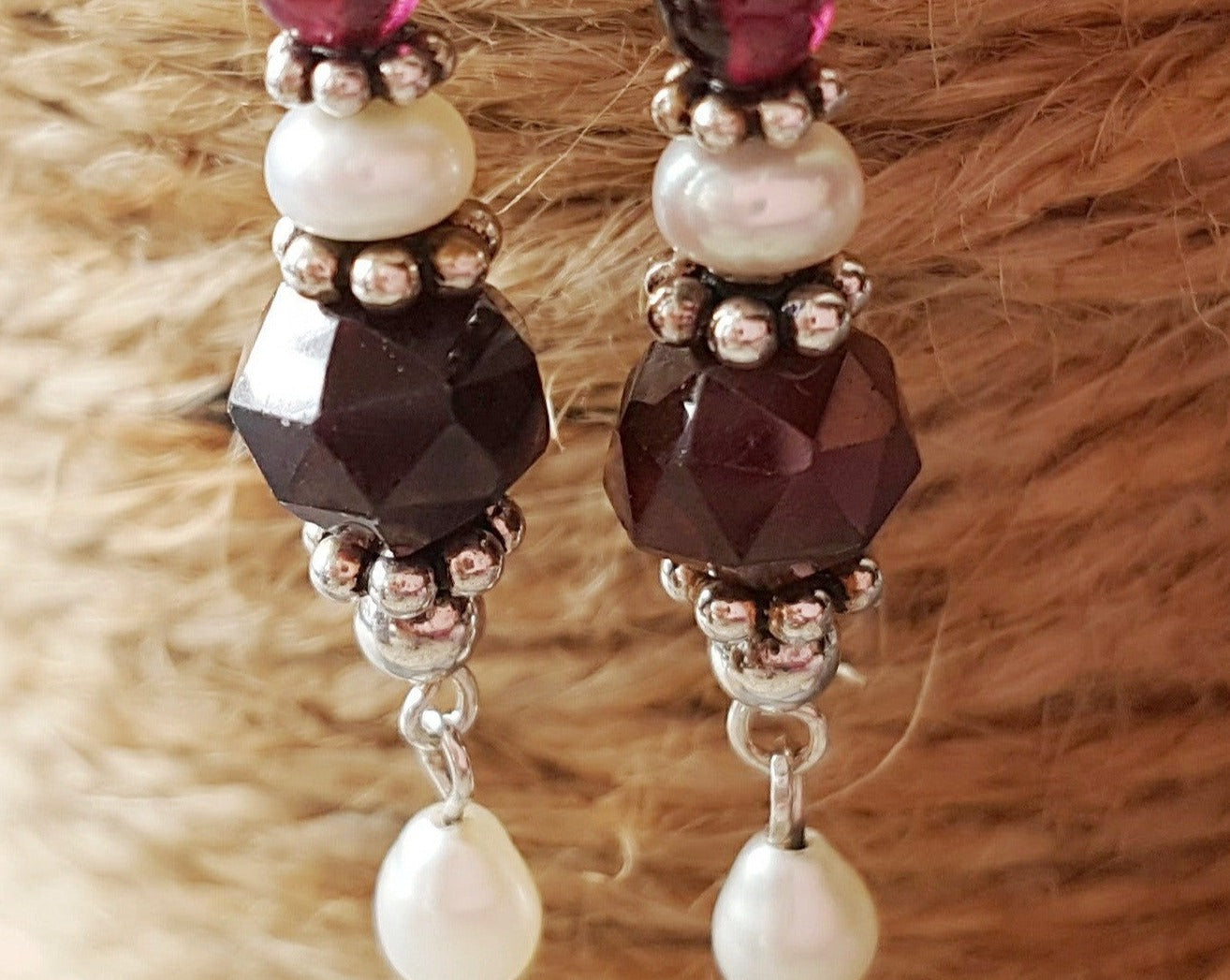 Medieval Garnet Pearl Dangle Earrings, Handcrafted-Long Dangles-Vintage Inspired-Deep Red Gemstones-Freshwater Cultured Pearls-Sterling silver