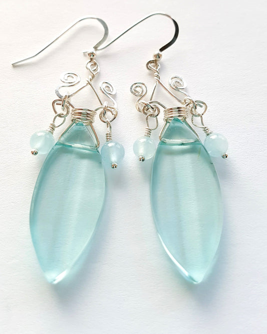 Long Aquamarine Grecian Inspired Earrings made with Sterling Silver, Aqua Blue Gemstones, Aquamarine, and man made.