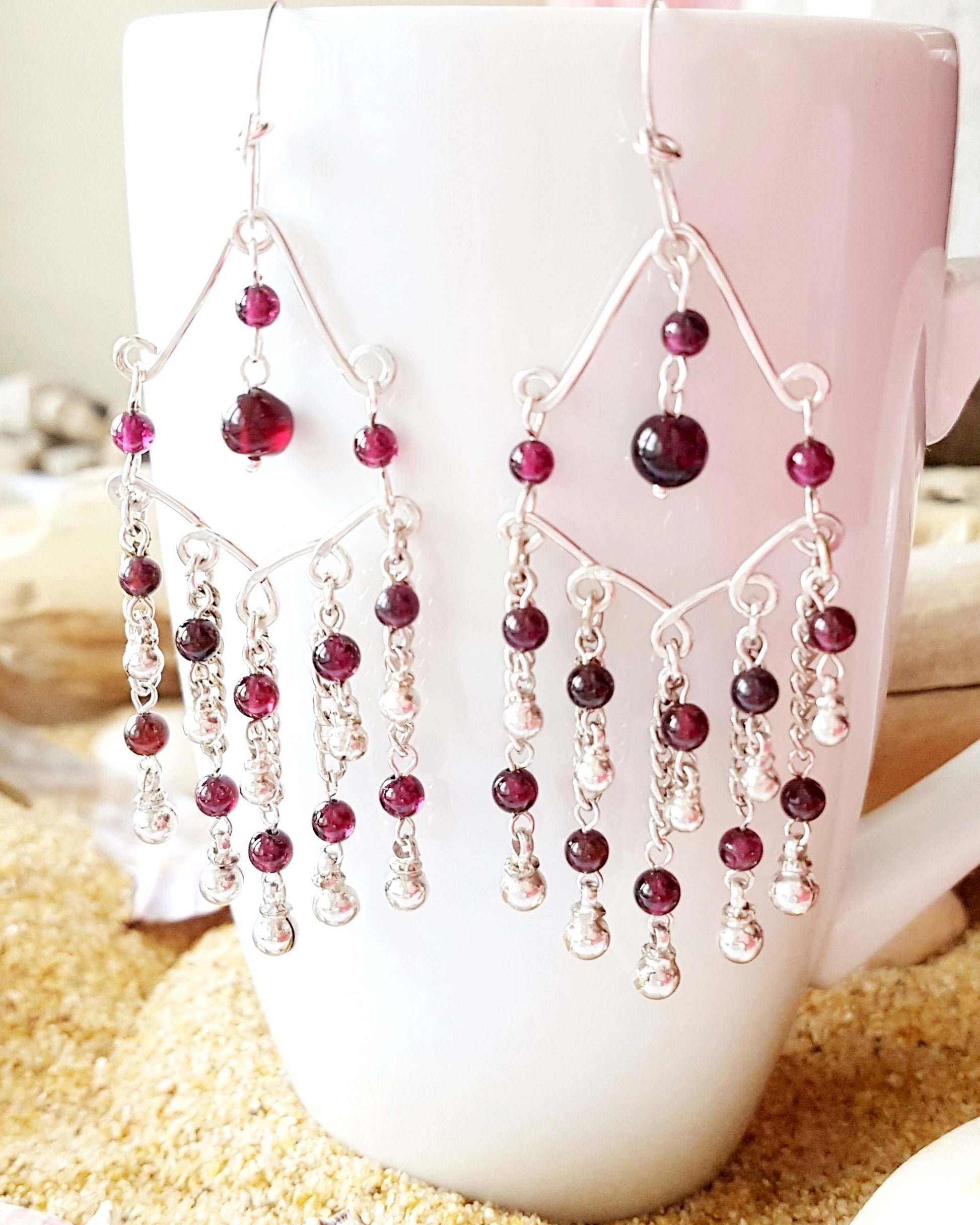   Long, Elaborate Garnet Chandelier Earrings made with Upcycled Vintage Sterling Silver and new.