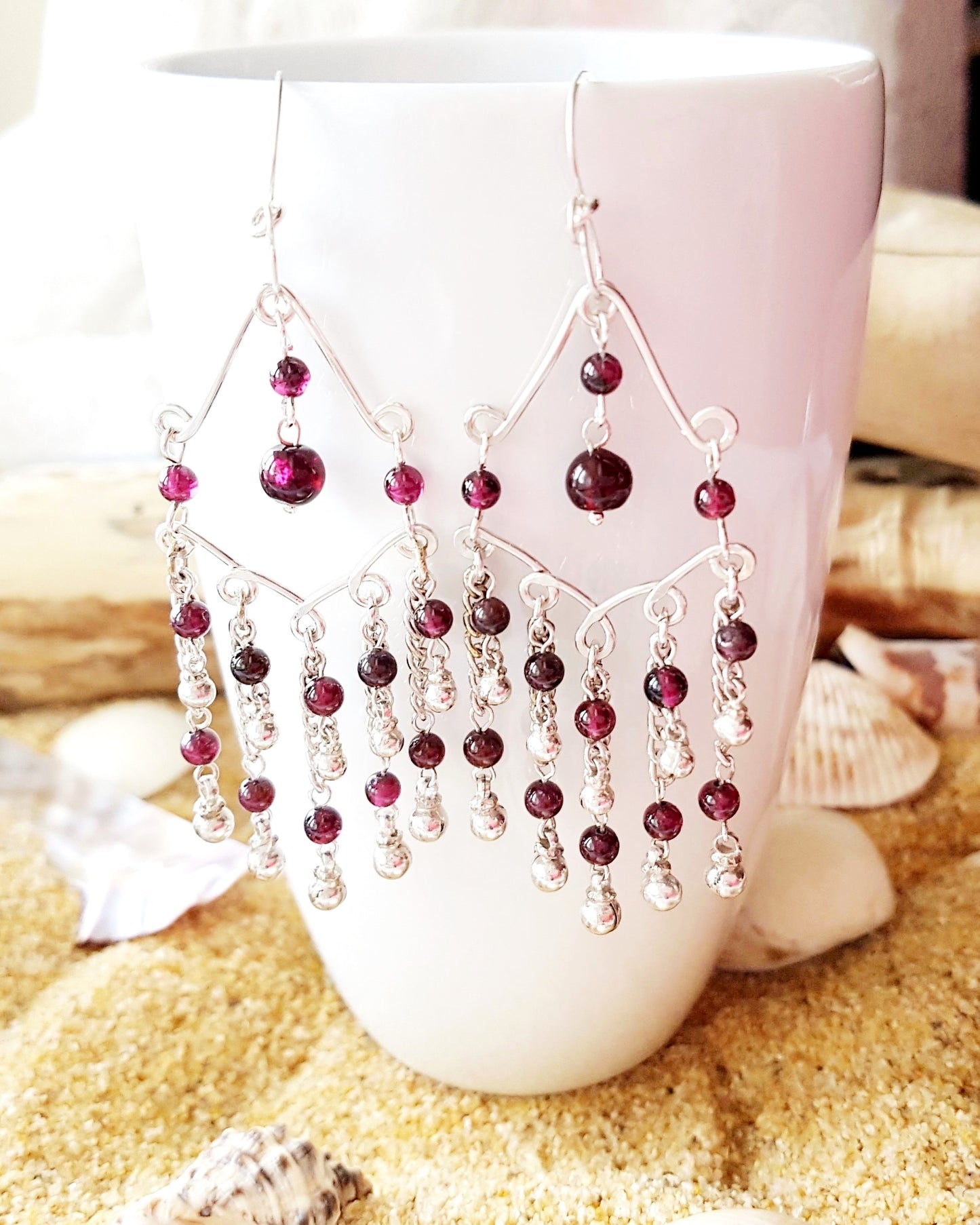   Long, Elaborate Garnet Chandelier Earrings made with Upcycled Vintage Sterling Silver and new.
