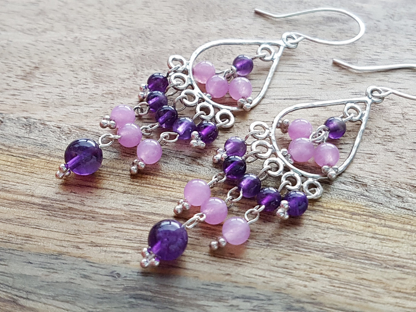 Amethyst Inspiration Chandelier Earrings, Long Sterling Silver Two Tone Purple Gemstones 