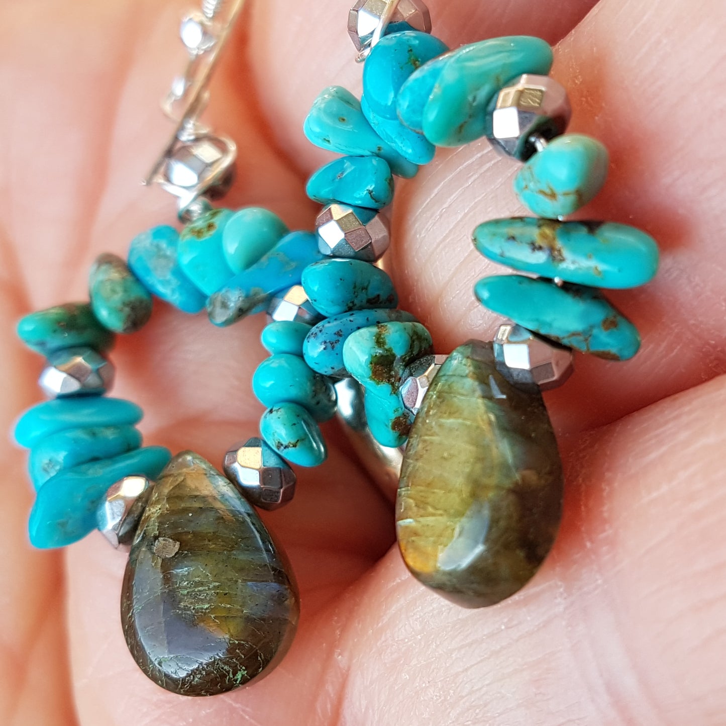 Ethical Turquoise, Labradorite, Hematite Hoop Earrings