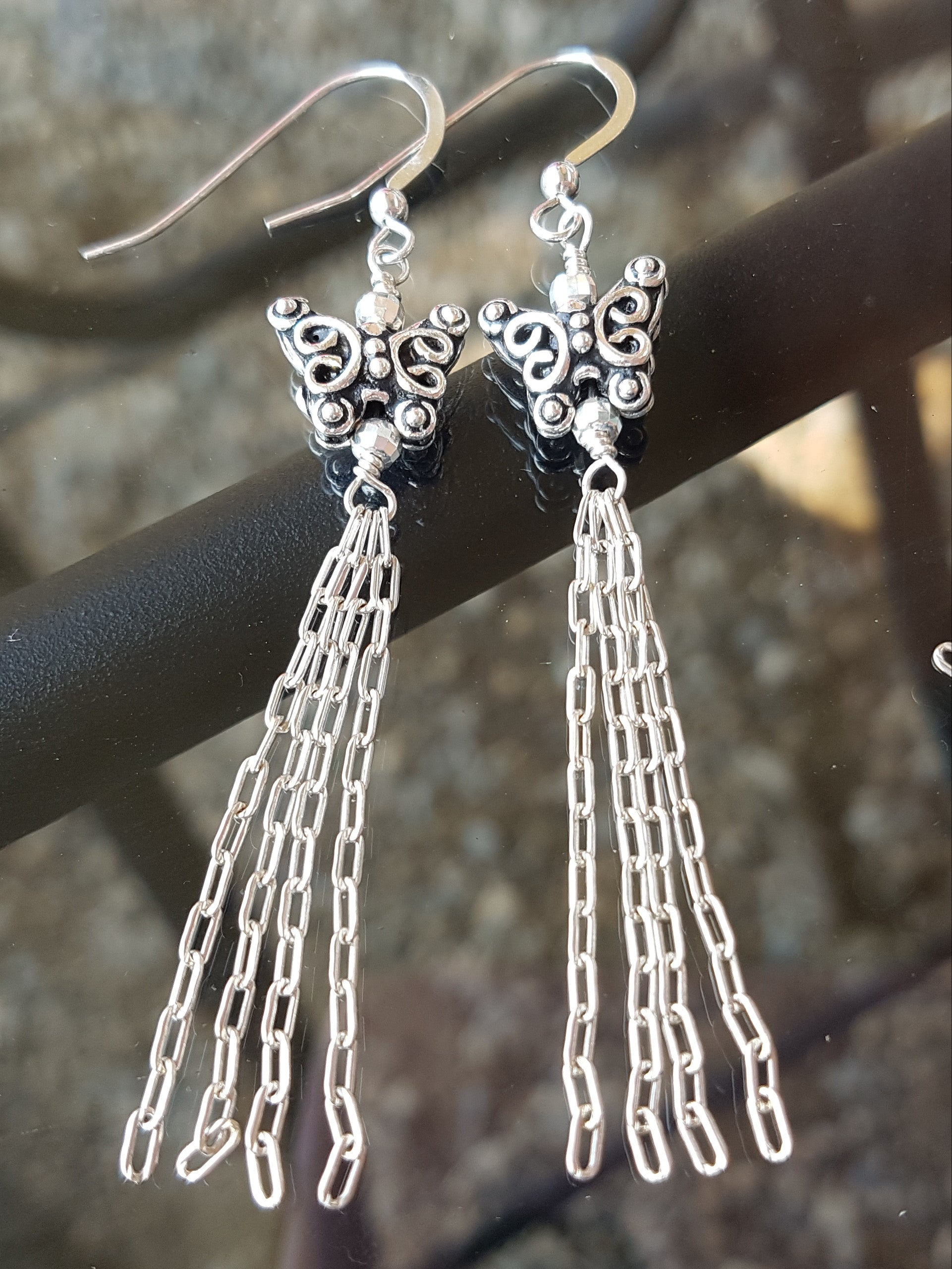 Long Butterfly Tassel Earrings-Handcrafted-Sterling Silver-Upcycled-Chain Tassels