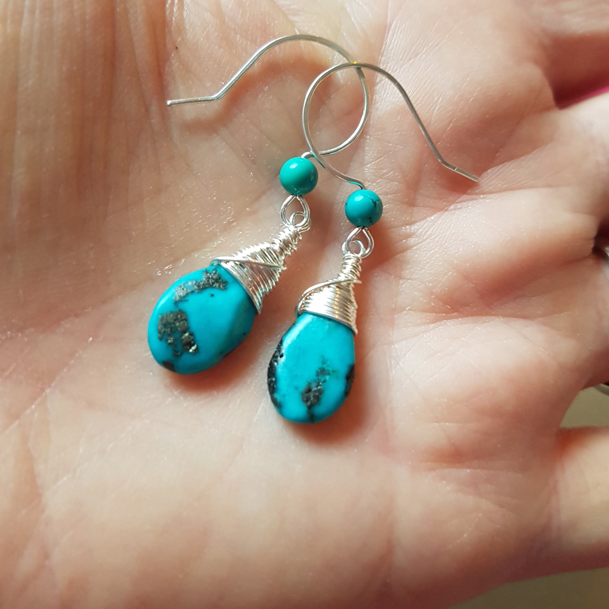 Long Elegant Turquoise Dangle Earrings, Sterling Silver and rich, deep turquoise stones, drop shaped briolette’s, smaller round turquoise on the french style earrings hooks