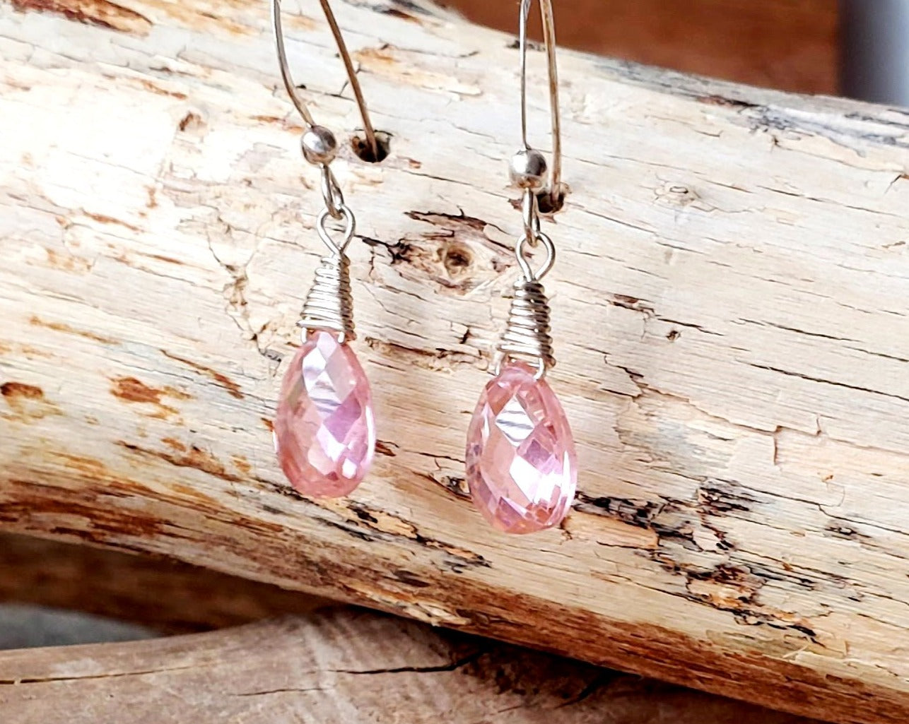 Pink Ice, Cubic Zirconia Dangle Earrings "OOAK" Wire Wrapped man made Diamonds, Pink Gemstone, 