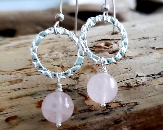 Rose Quartz Eternity Hoop Dangle Earrings, Rose Quartz round stone dangling from Sterling Silver Hoop with french earring wires. 