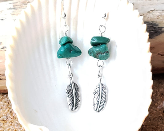 Turquoise Feather dangle earrings with rare, deep greenish vintage turquoise nuggets & sterling silver feather pendants with shell background
