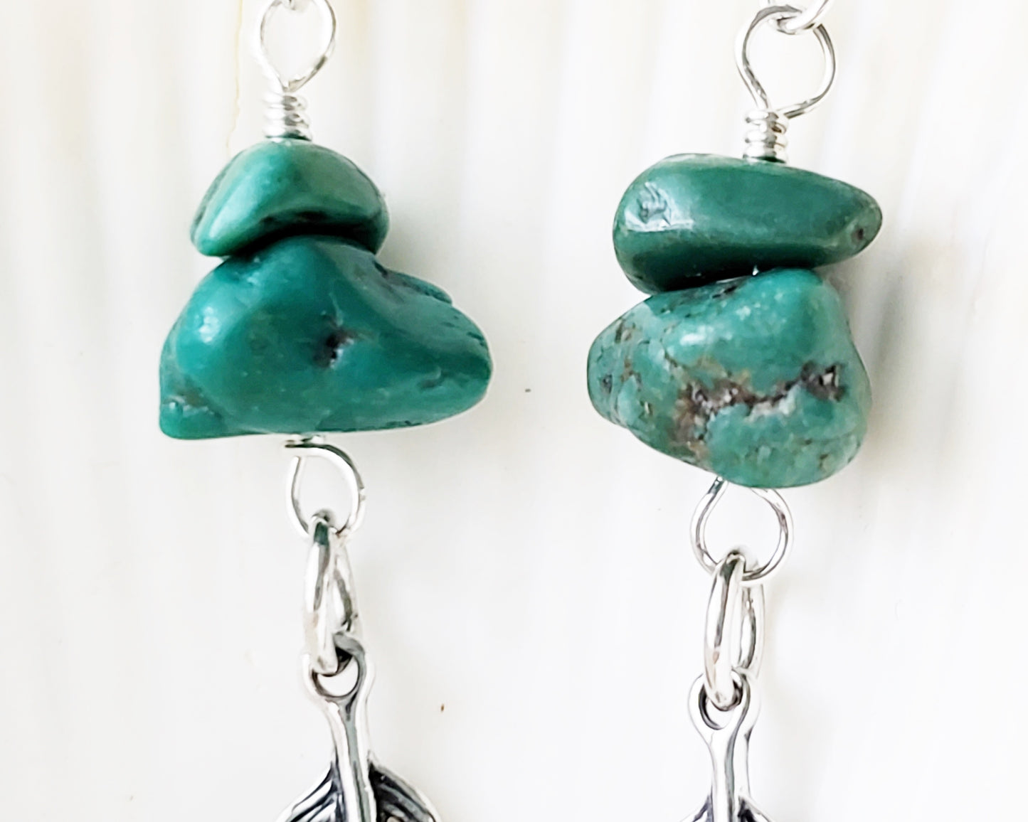 Turquoise Feather dangle earrings with rare, deep greenish vintage turquoise nuggets & sterling silver feather pendants with shell background