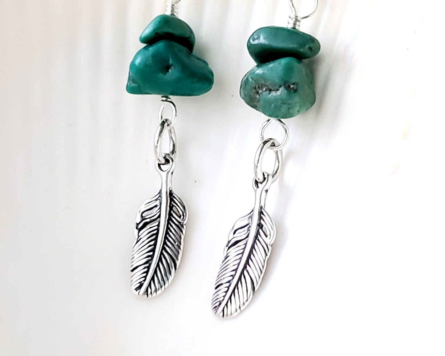 Turquoise Feather dangle earrings with rare, deep greenish vintage turquoise nuggets & sterling silver feather pendants with shell background