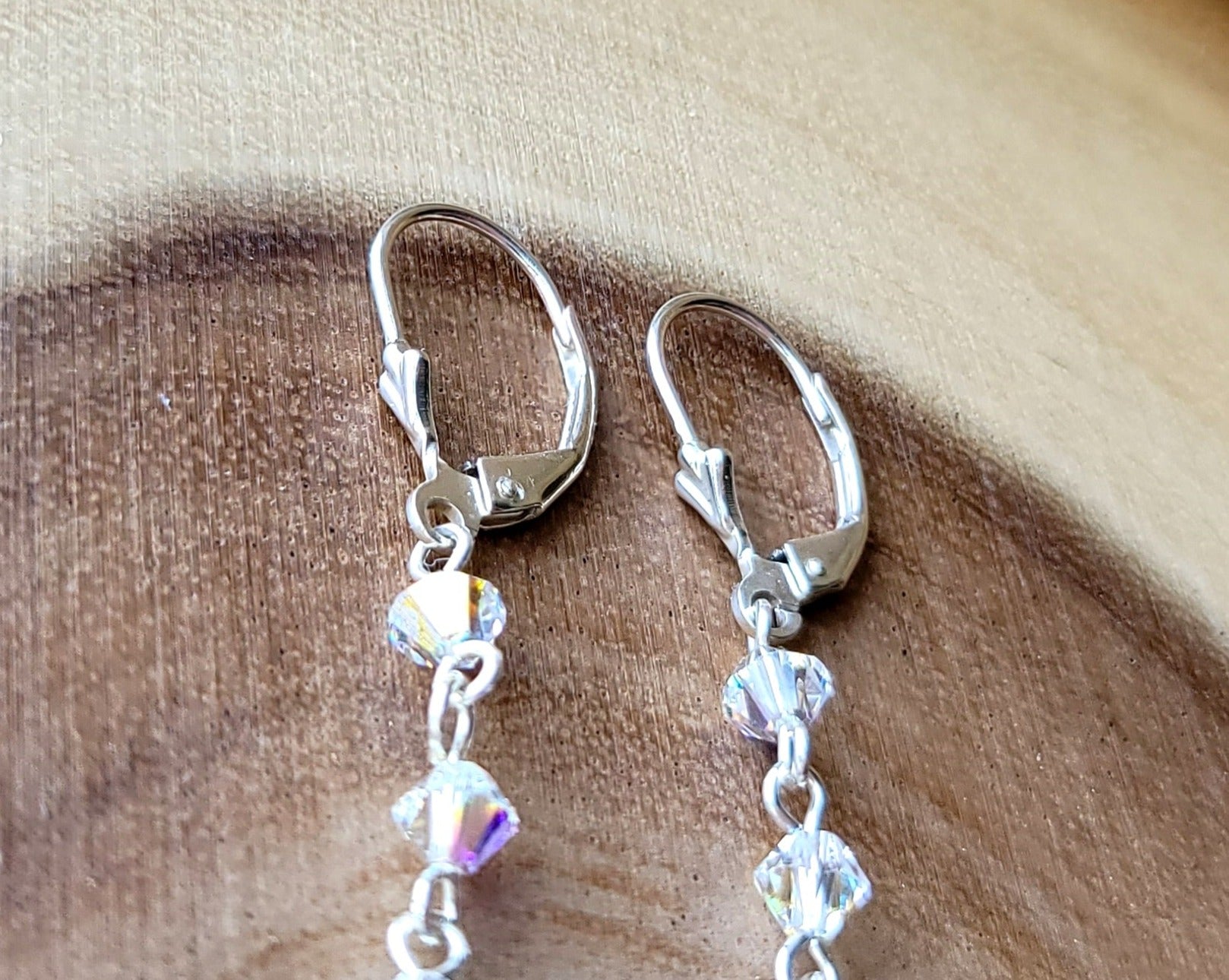 Extra Long Crystal Earrings, A long stream of Clear AB Crystal beads and drop shaped crystals on the base, made with Sterling Silver