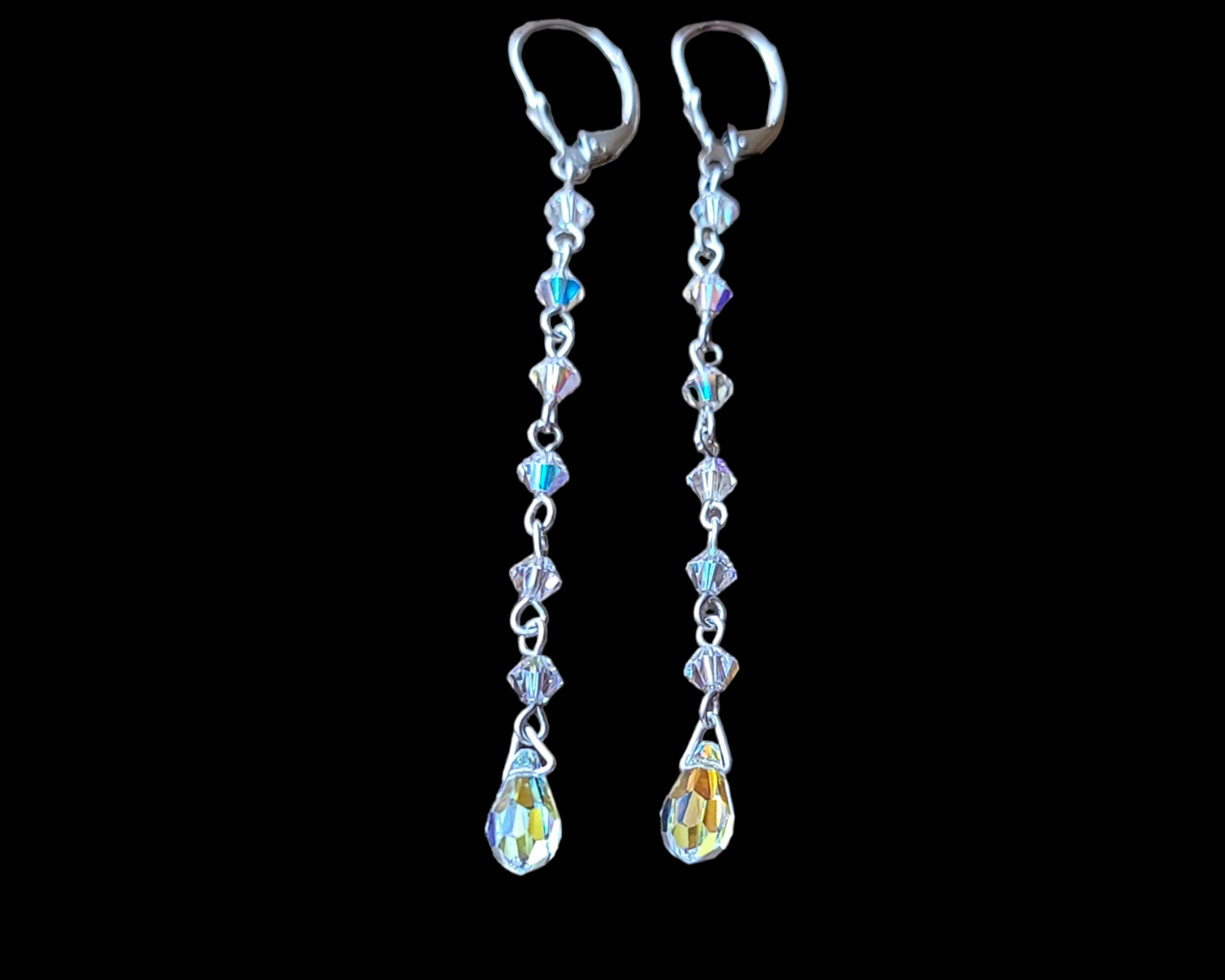 Extra Long Crystal Earrings, A long stream of Clear AB Crystal beads and drop shaped crystals on the base, made with Sterling Silver