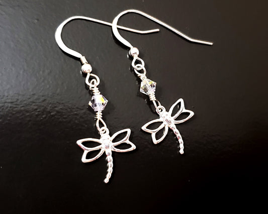 Brilliant Dragonfly Crystal Dangle Earrings, Sterling Silver and Clear AB Crystal dangling on french style earing hooks/wires. 