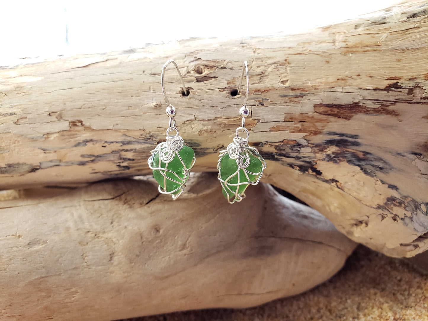 Emerald Peace Beach Glass Earrings, Sterling Silver Wire Wrapped Green Beach Glass Dangle Earrings