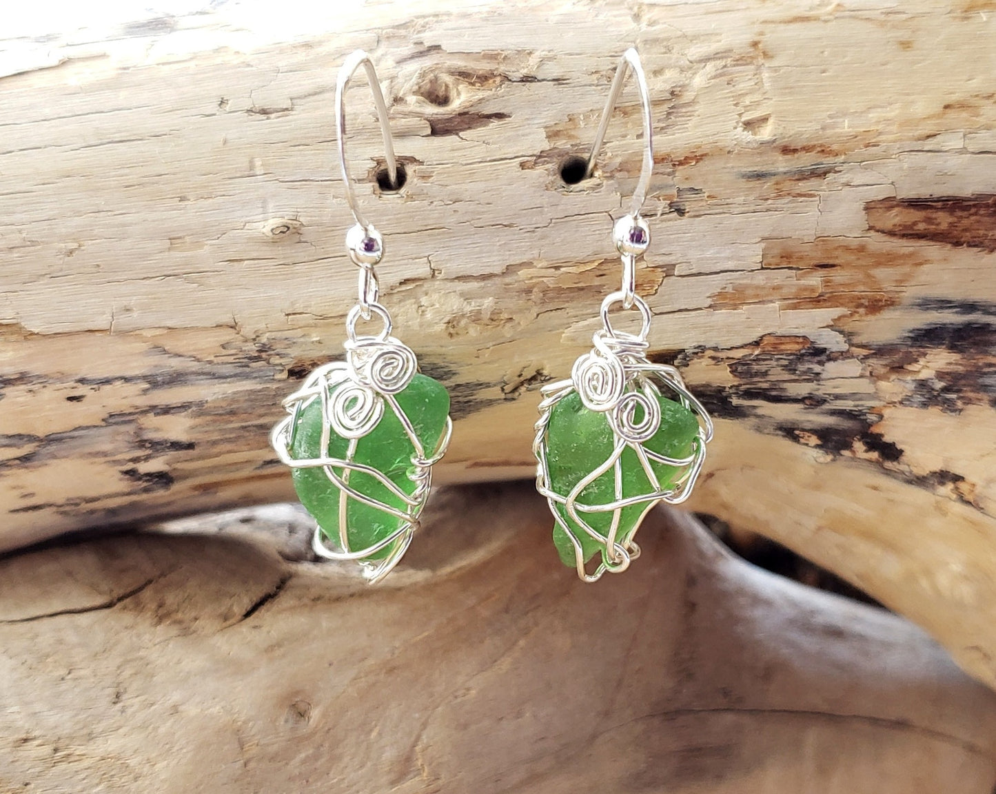 Emerald Peace Beach Glass Earrings, Sterling Silver Wire Wrapped Green Beach Glass Dangle Earrings