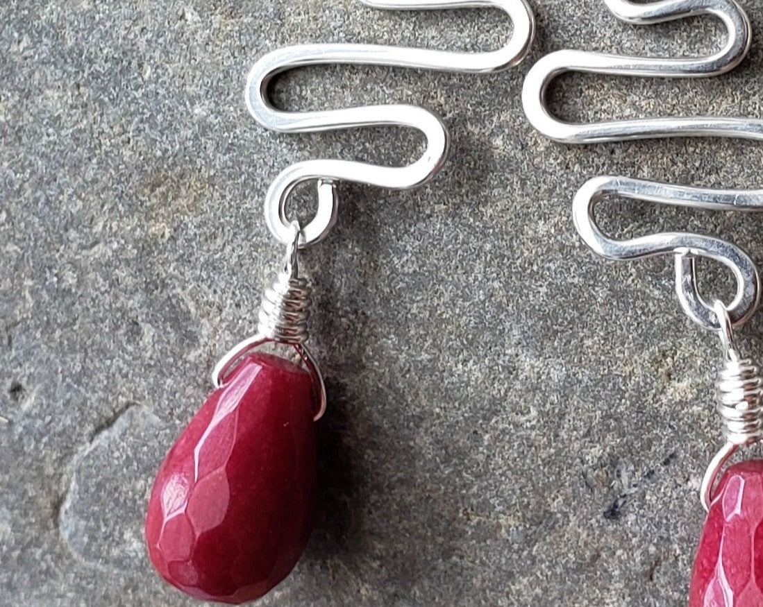 Celtic River Red Jade Sterling Silver Dangle Earrings, Long Swirling design earrings with dangling red stone.