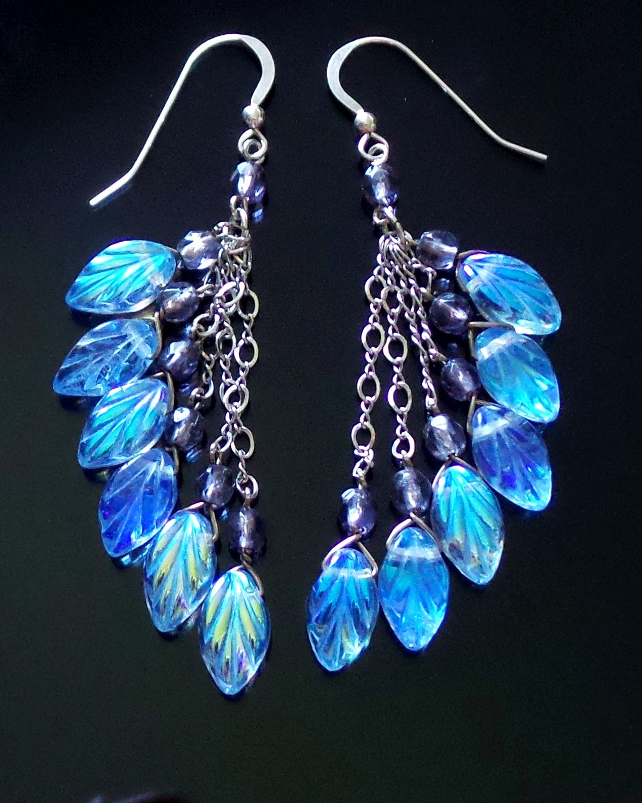 Long Blue Leaf Cluster Earrings, Sterling Silver, Czech Glass, Opal Blue Glass Leaves, lavender, Upcycled Sterling Silver