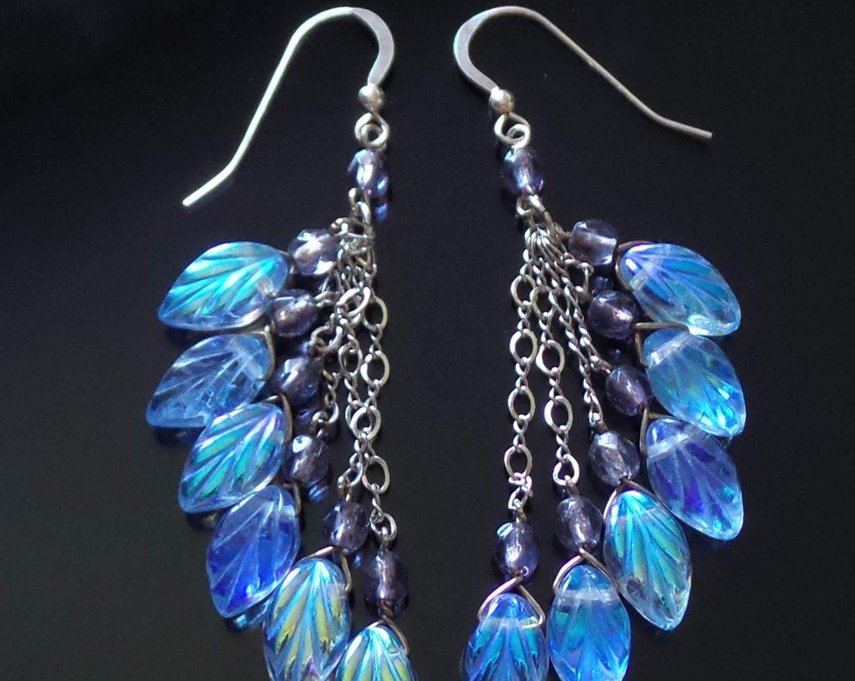 Long Blue Leaf Cluster Earrings, Sterling Silver, Czech Glass, Opal Blue Glass Leaves, lavender, Upcycled Sterling Silver