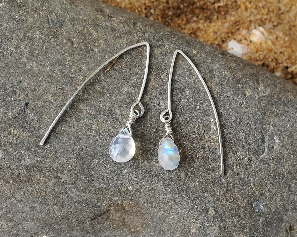 Long  Rainbow Moonstone Dangle Earrings, Threader Style Sterling Silver Earrings with drop shaped milky white stones on grey stone