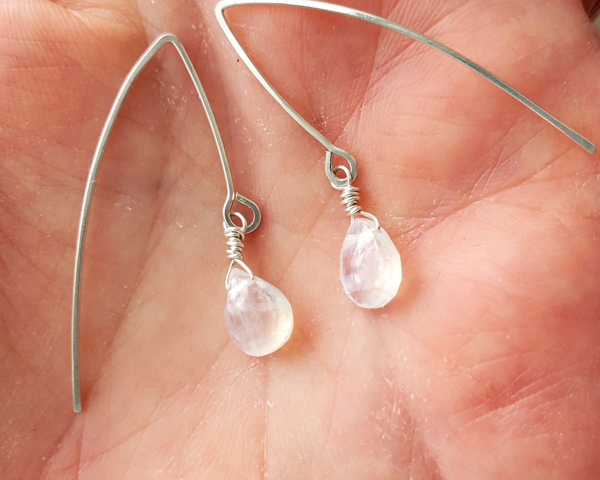 Long  Rainbow Moonstone Dangle Earrings, Threader Style Sterling Silver Earrings with drop shaped milky white stones in hand 