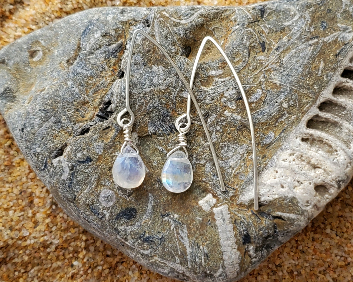 Long  Rainbow Moonstone Dangle Earrings, Threader Style Sterling Silver Earrings with drop shaped milky white stones