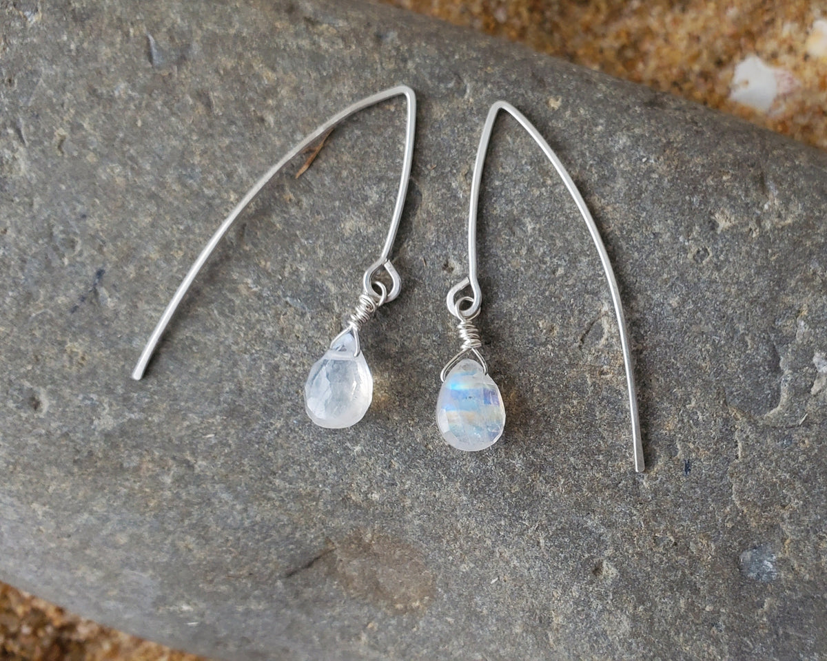 Long  Rainbow Moonstone Dangle Earrings, Threader Style Sterling Silver Earrings with drop shaped milky white stones on grey stone