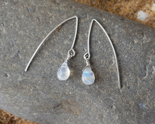 Long  Rainbow Moonstone Dangle Earrings, Threader Style Sterling Silver Earrings with drop shaped milky white stones on grey stone