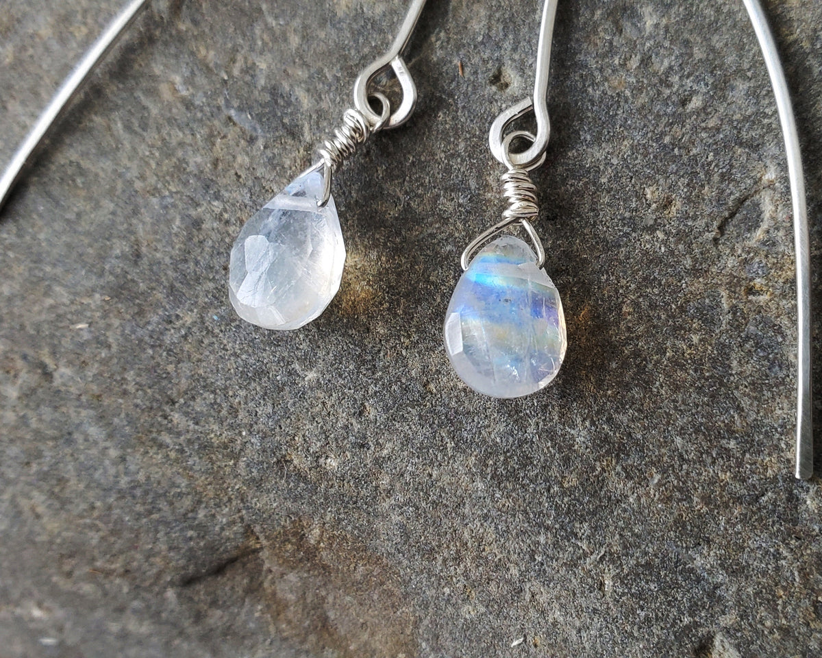 Long  Rainbow Moonstone Dangle Earrings, Threader Style Sterling Silver Earrings with drop shaped milky white stones on grey stone