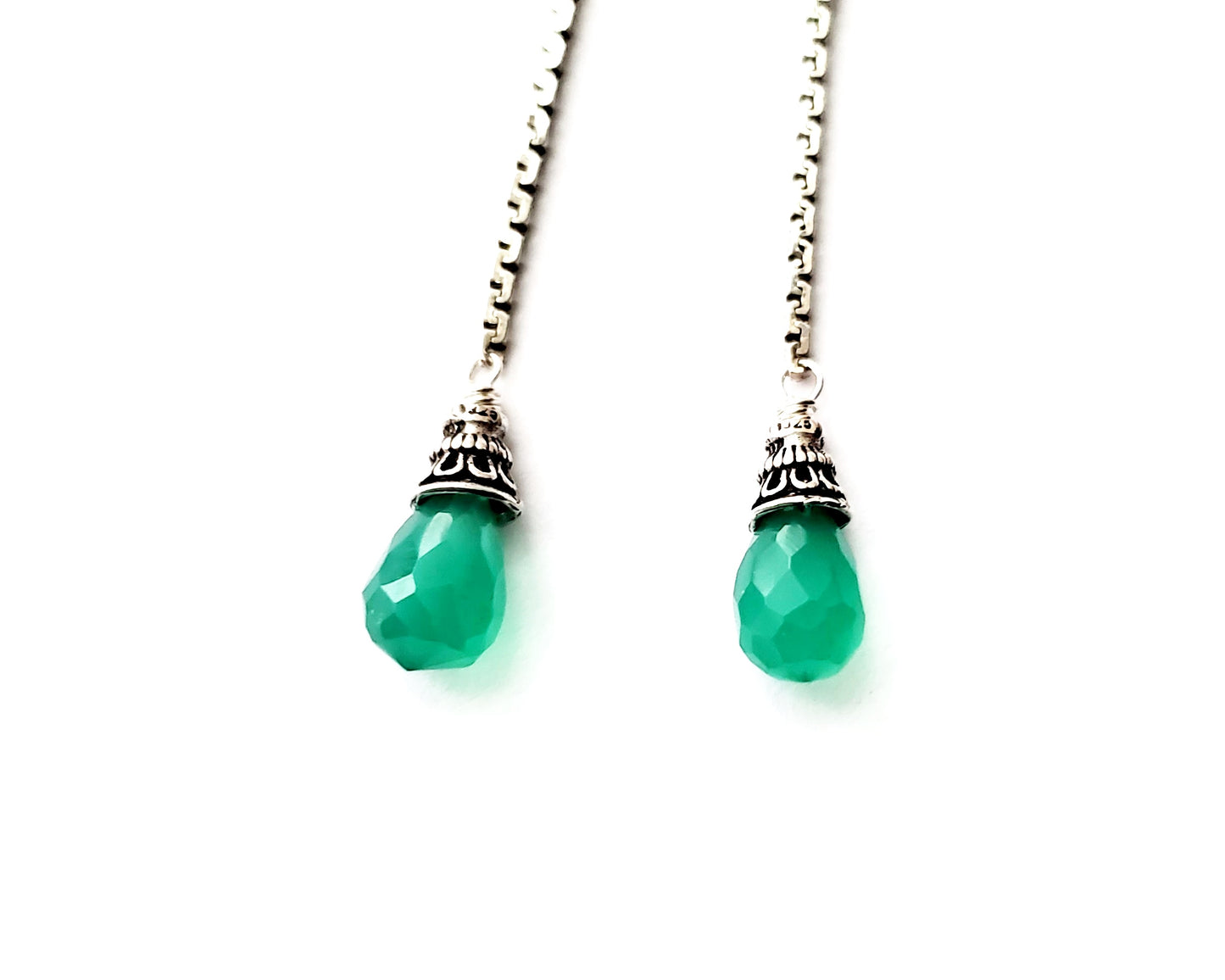 Long Green Onyx Art Deco Inspired Earrings, Sterling Silver, Threader Earrings, Art Deco, Green Onyx, Green Stone, Upcycled Silver