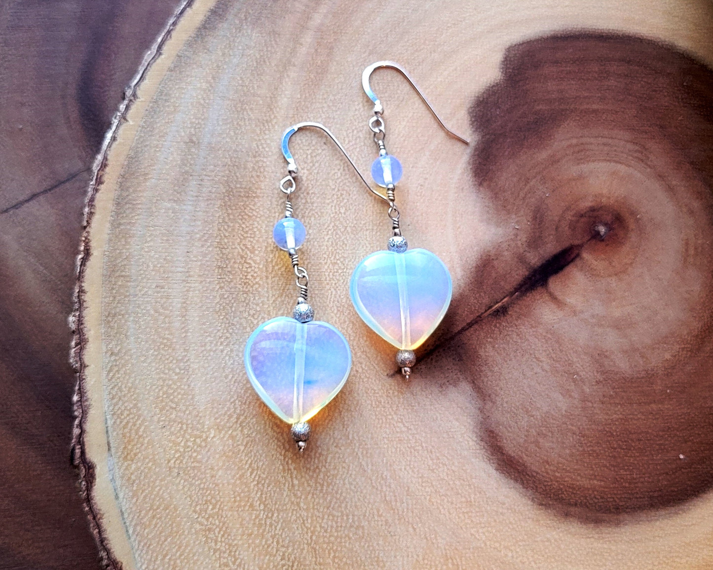 Opalite Heart Passion Earrings, One of a Kind Long Synthetic Opal Heart Earrings, Sterling Silver
