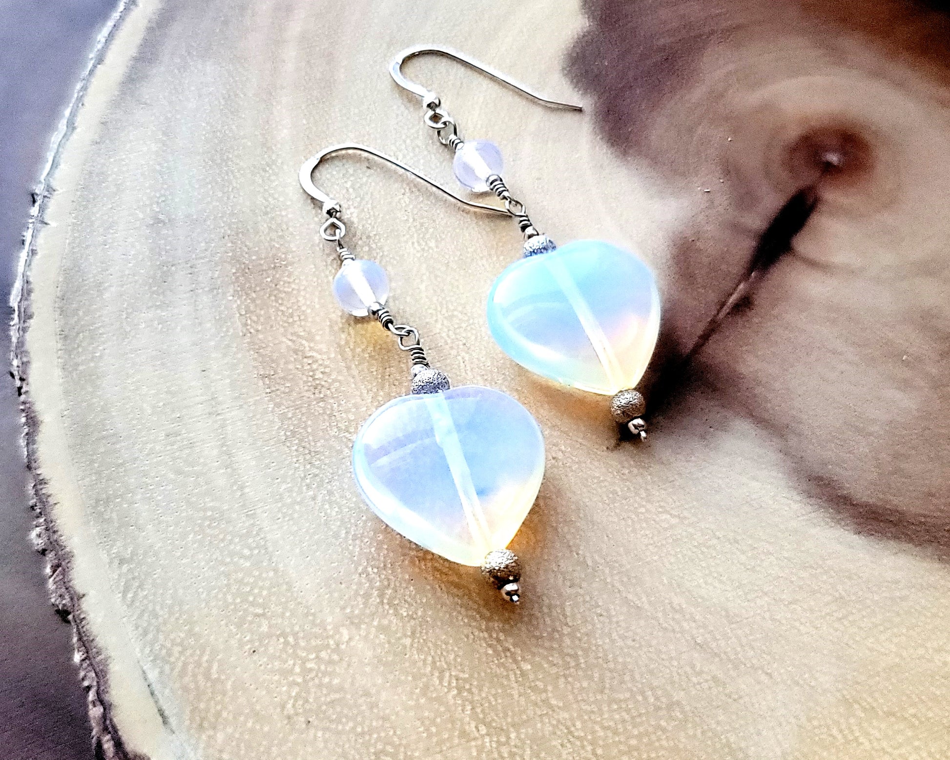 Opalite Heart Passion Earrings, One of a Kind Long Synthetic Opal Heart Earrings, Sterling Silver