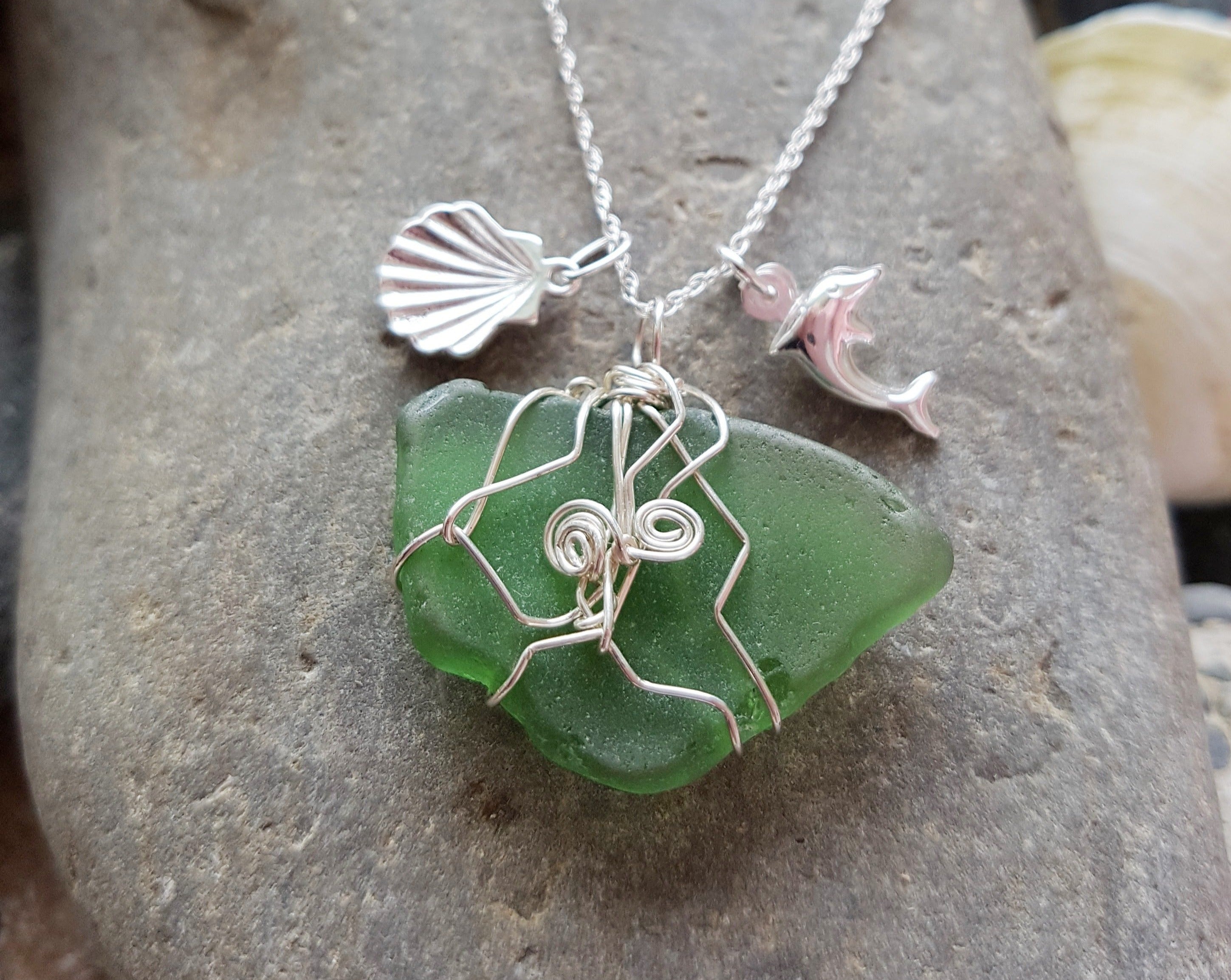 Dolphin Shell Green Beach Glass Pendant Necklace Freshwater Sea Glass