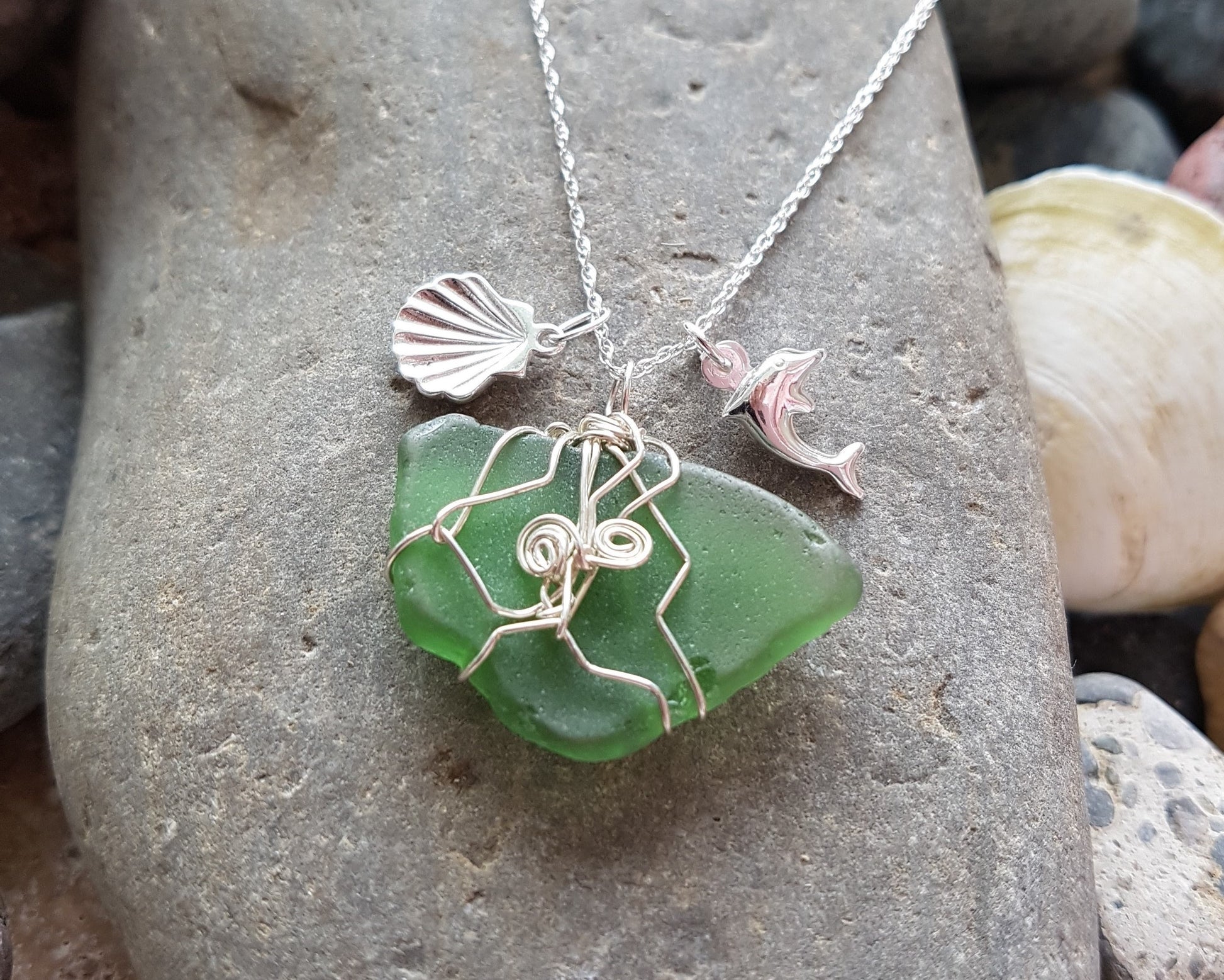 Dolphin, Shell Green Beach Glass Necklace-Sterling Silver Wire Wrapped Pendant on chain.