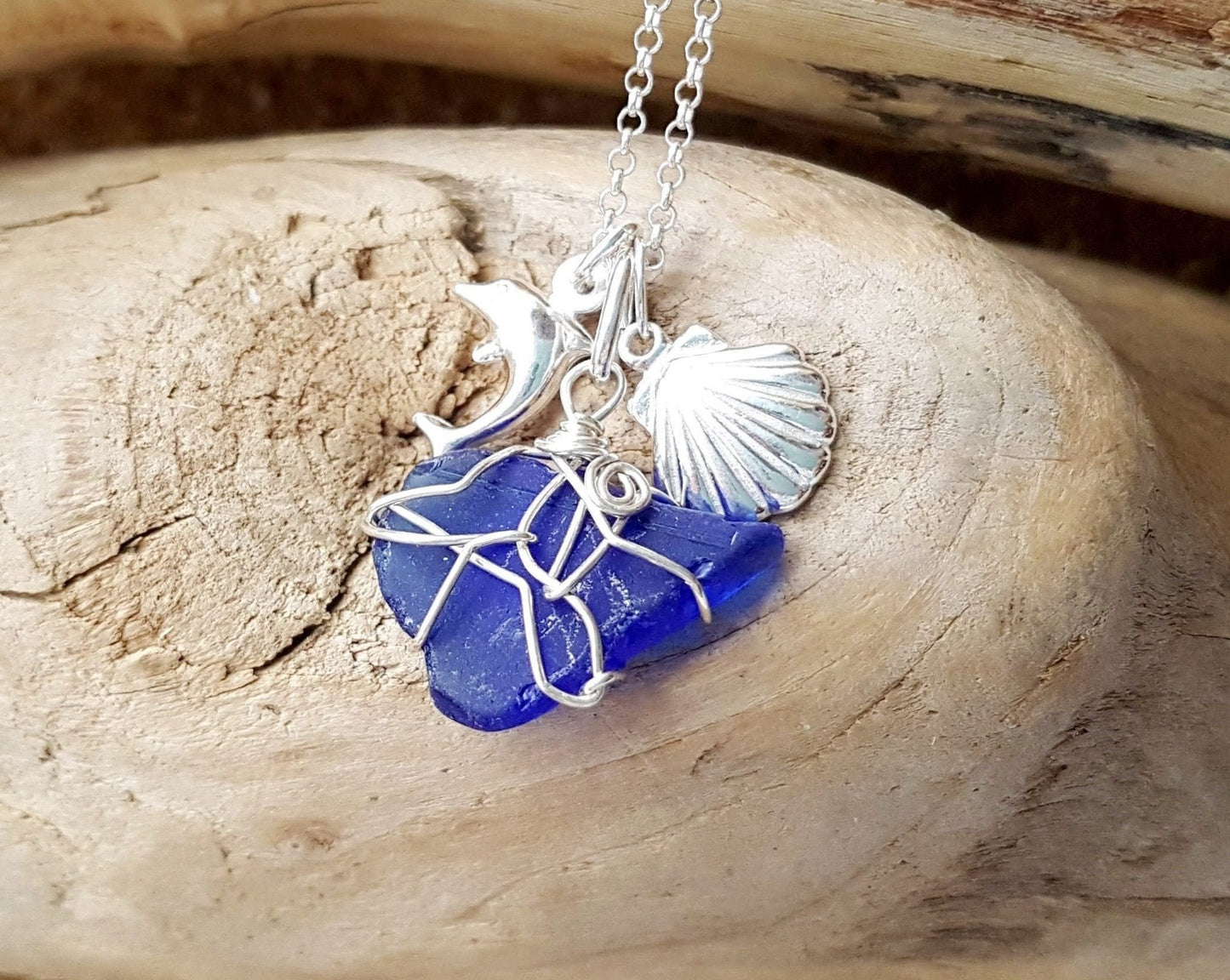 Blue Beach Glass, Shell, Dolphin Necklace, Sterling Silver, Wire Wrapped Pendant on Chain