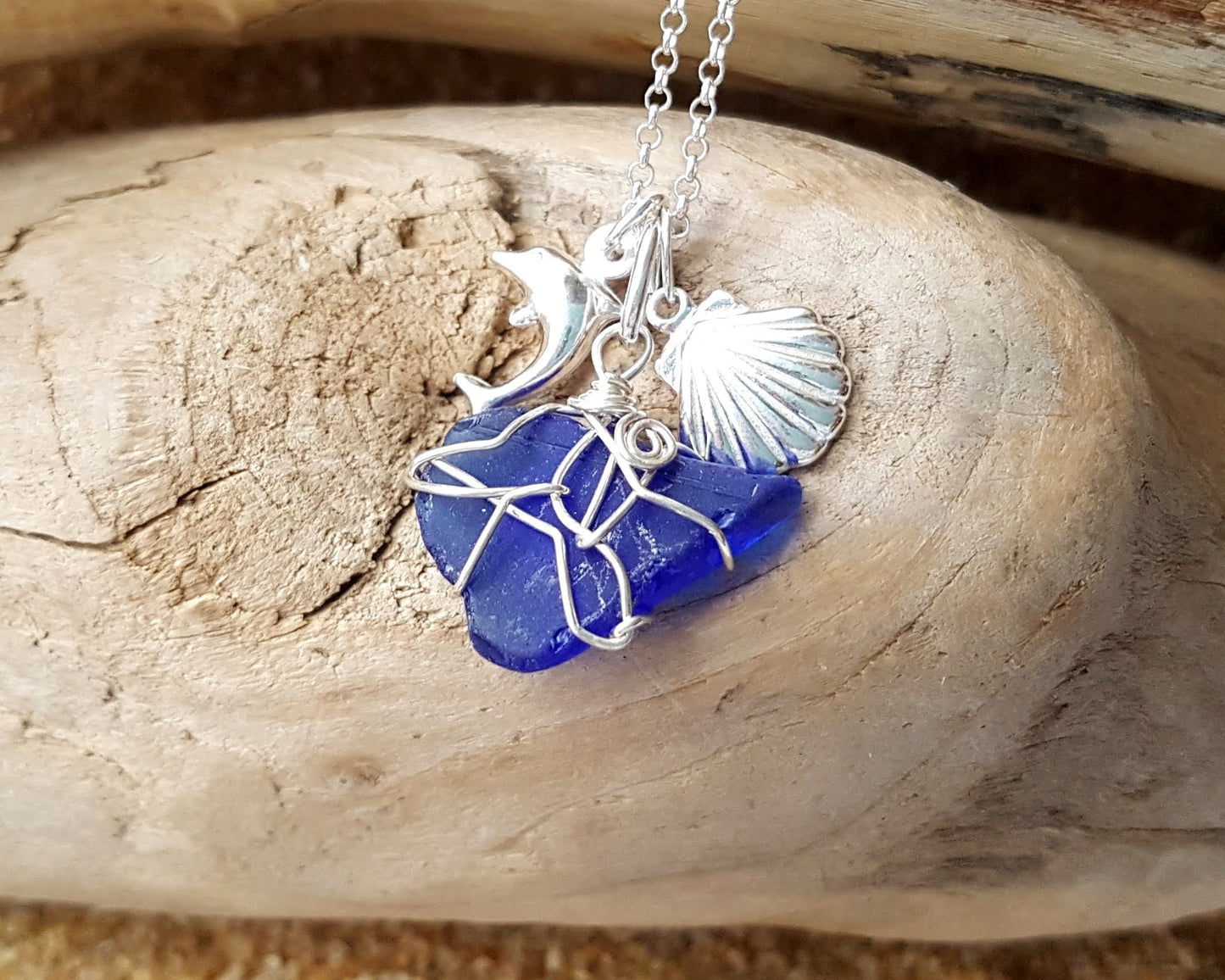 Blue Beach Glass, Shell, Dolphin Necklace, Sterling Silver, Wire Wrapped Pendant on Chain