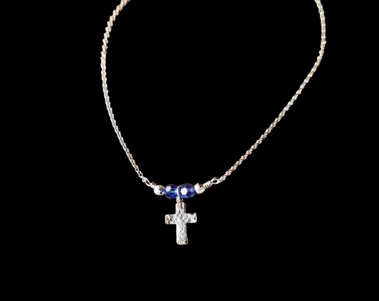 Sterling Silver Cross with small birthstone color crystals on either side, on a fine sterling silver fine Rolo Chain.