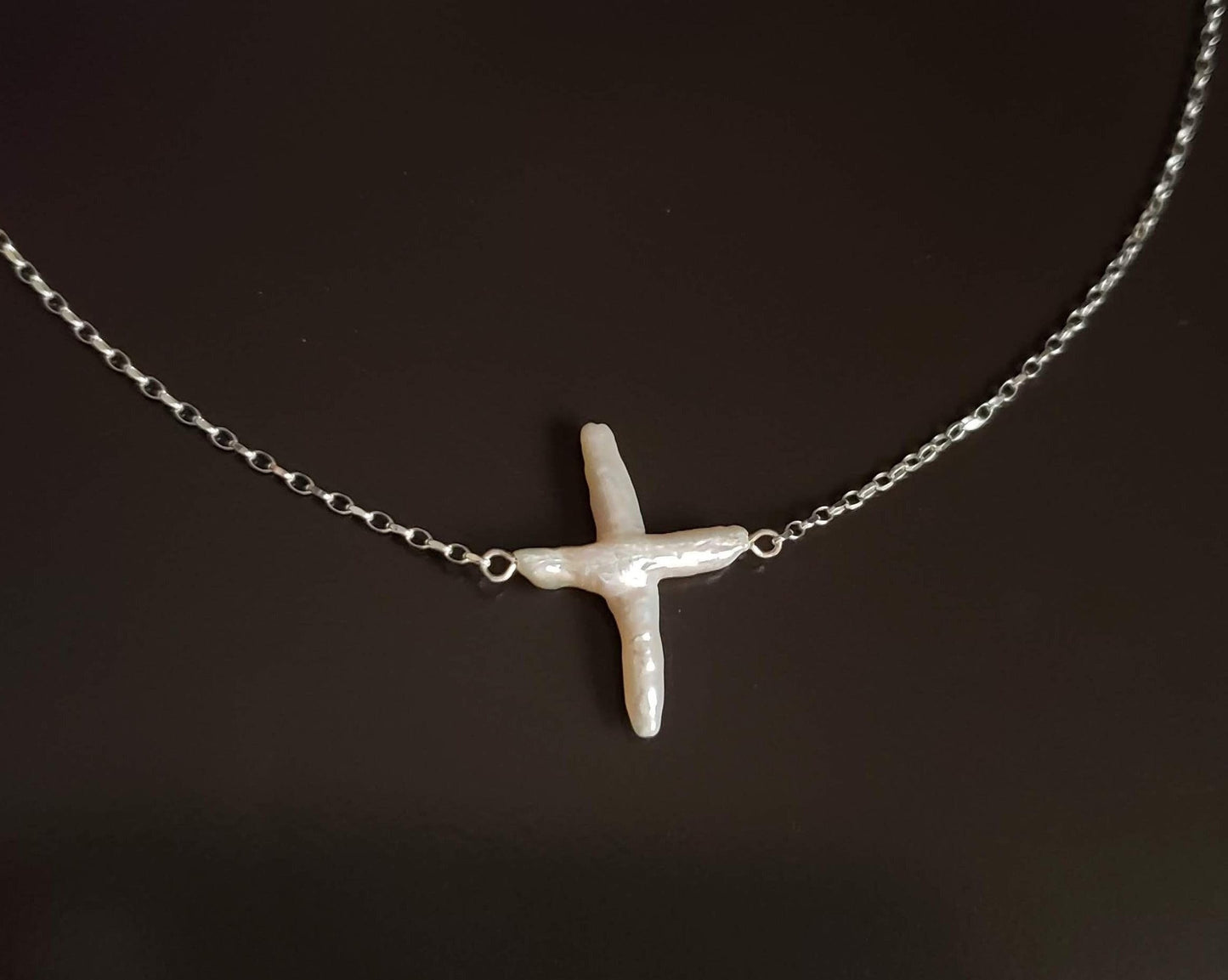 Floating Large Baroque Pearl Cross Necklace, White Baroque Freshwater Cultured Pearl Cross on Sterling Silver Chain. 