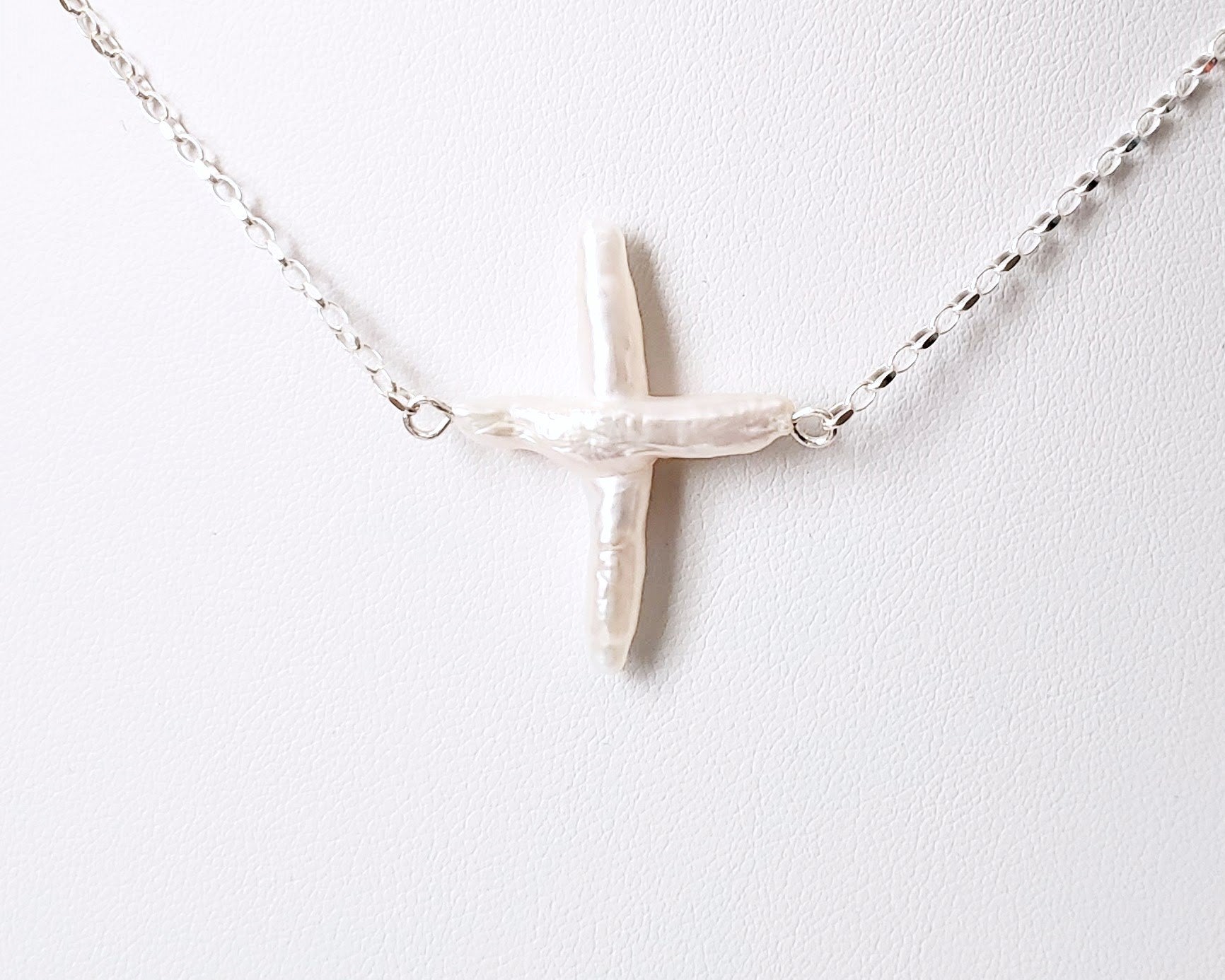 Floating Large Baroque Pearl Cross Necklace, White Baroque Freshwater Cultured Pearl Cross on Sterling Silver Chain. 