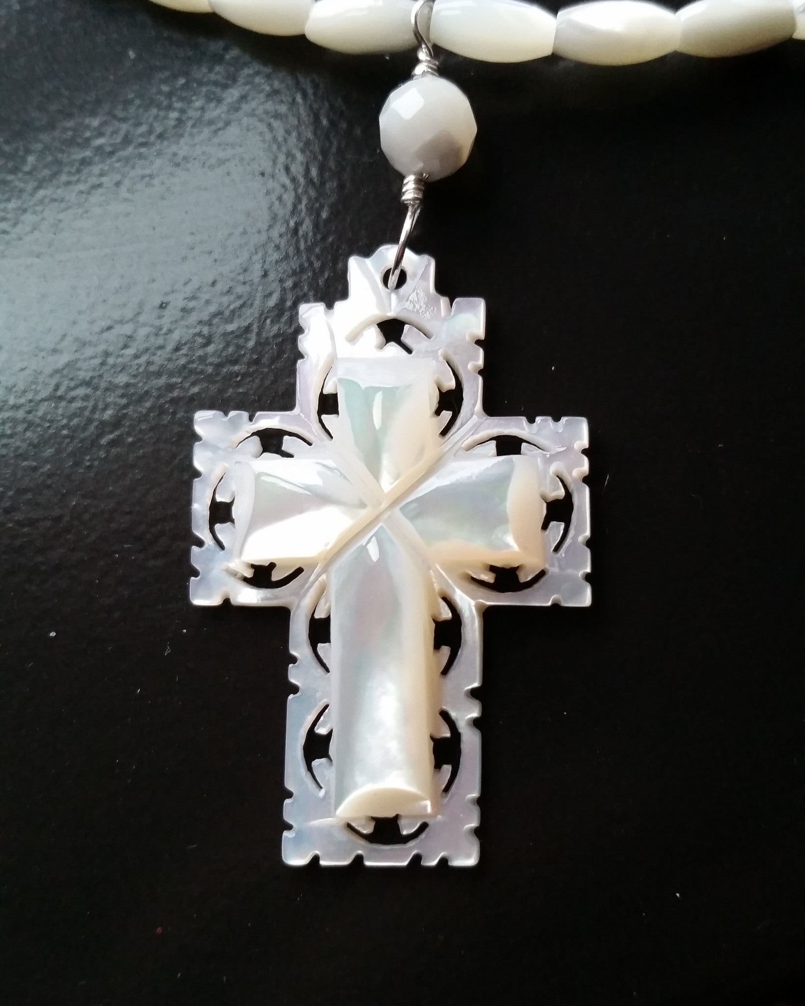 Holy Mother Of Pearl Cross Necklace, Hand carved Mother of Pearl Cross, Sterling Silver, Christian Necklace