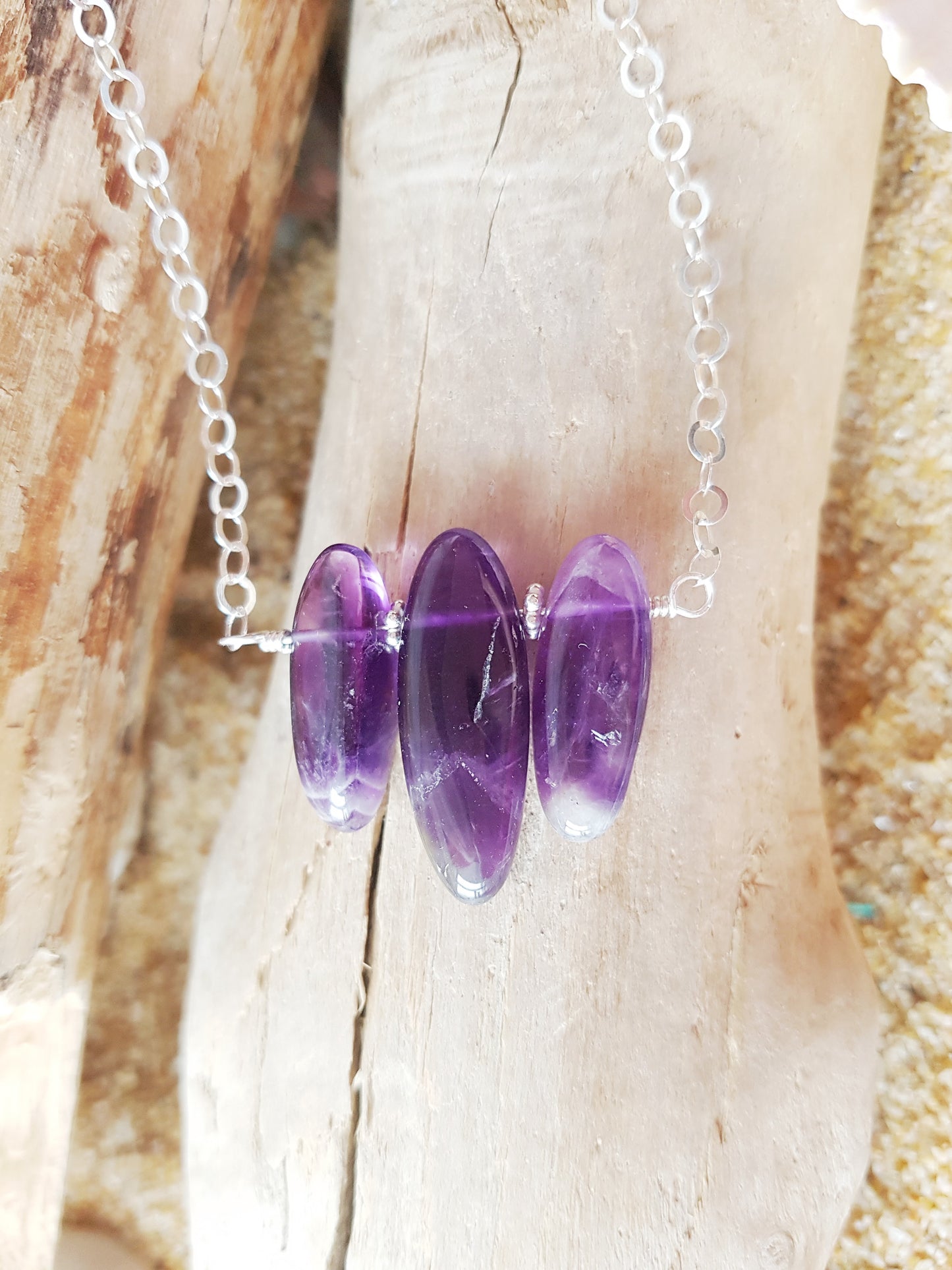 Amethyst Today, Tomorrow & Forever Necklace. OOAK Necklace made with Three long genuine Amethyst stones on Sterling Silver wire and chain. 