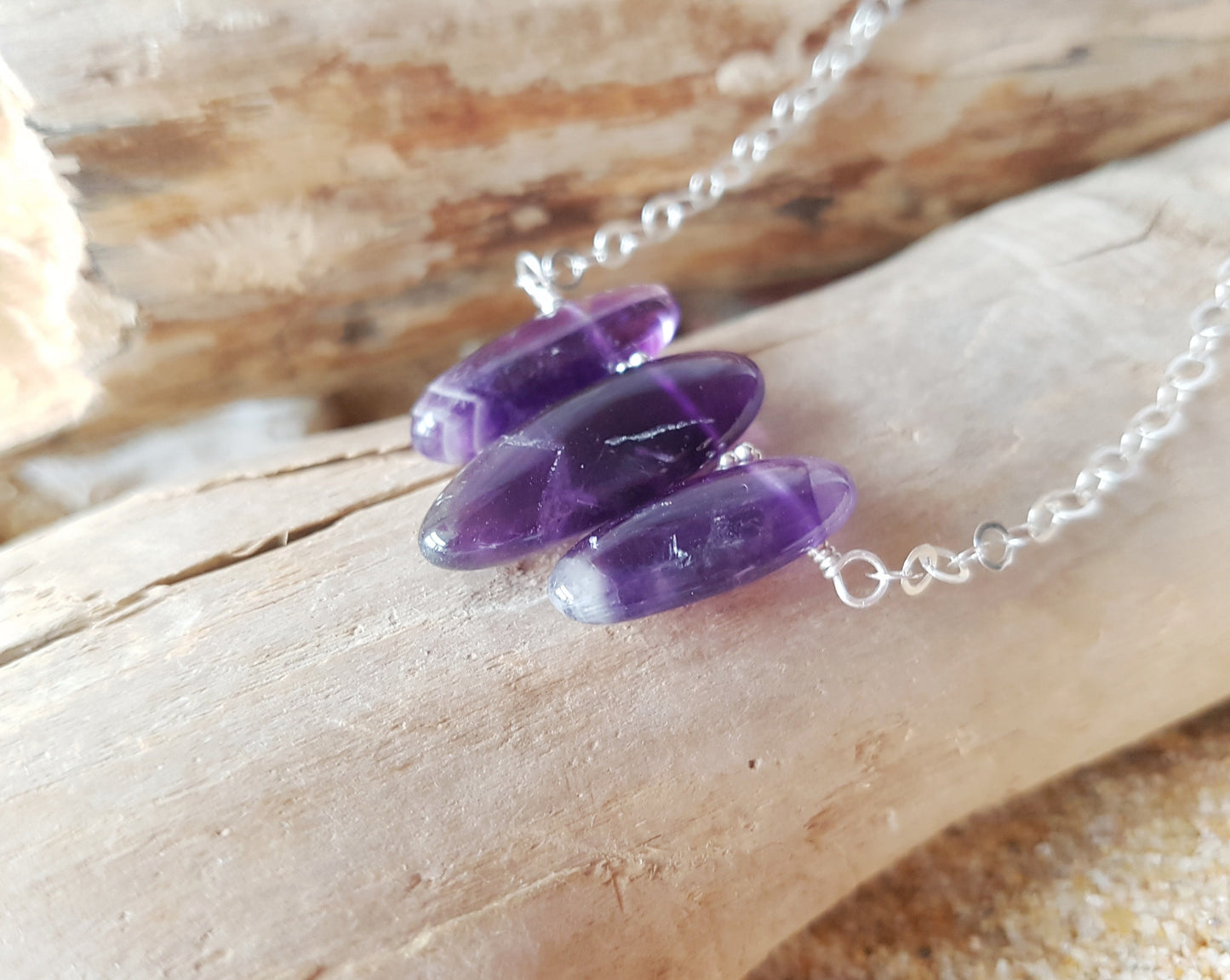 Amethyst Today, Tomorrow & Forever Necklace. OOAK Necklace made with Three long genuine Amethyst stones on Sterling Silver wire and chain. 