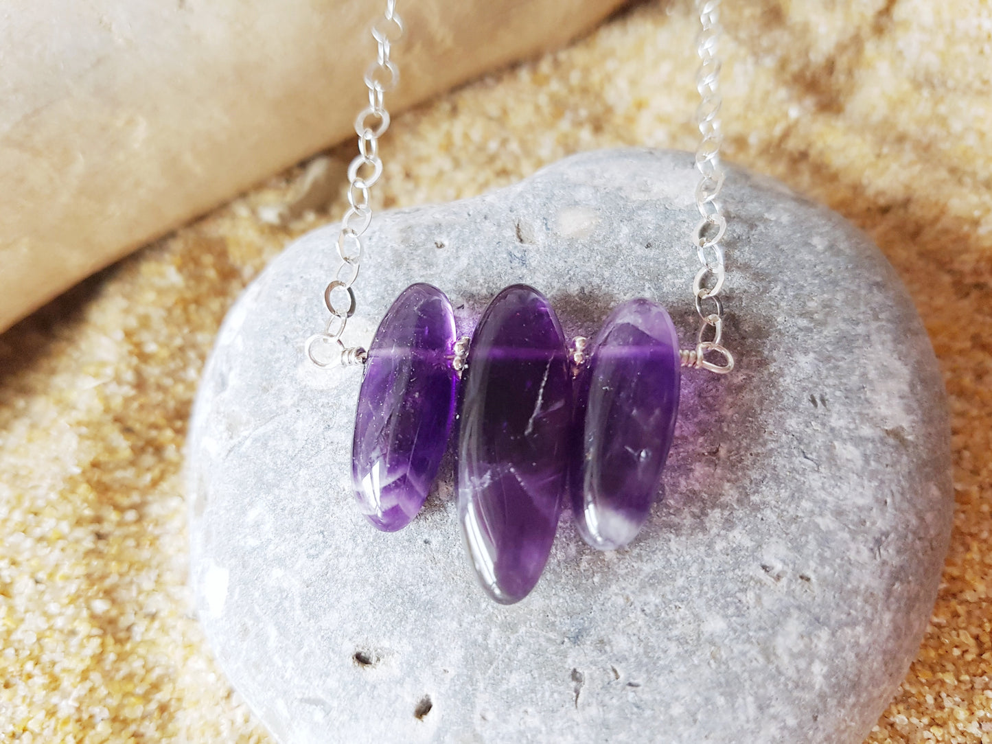 Amethyst Today, Tomorrow & Forever Necklace. OOAK Necklace made with Three long genuine Amethyst stones on Sterling Silver wire and chain. 