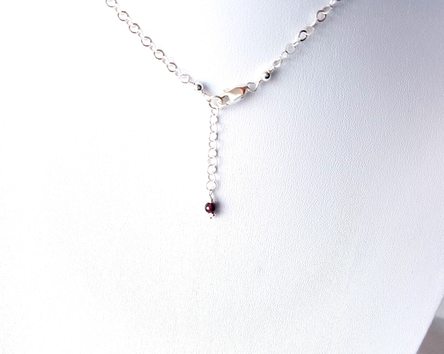 Garnet Passion Necklace, Handmade Sterling Silver Genuine Garnet Bib or Fringe Style Necklace, Back of necklace, clasp and Extension chain