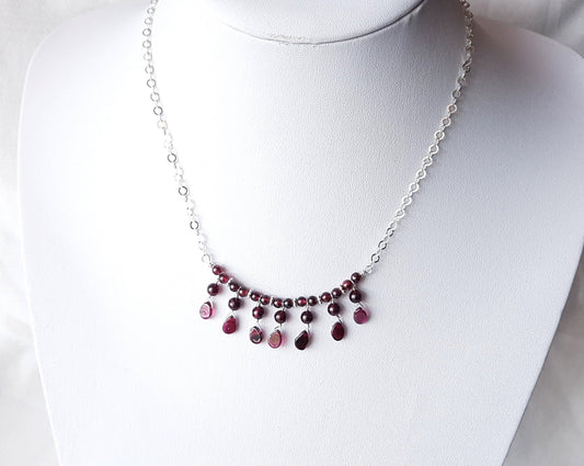 Garnet Passion Necklace, Handmade Sterling Silver Genuine Garnet Bib or Fringe Style Necklace, Dark Red Gemstone, Pinkish Garnet 