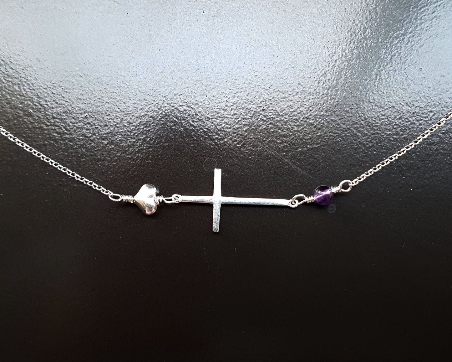 Personalized Birthstone Sideways Cross, Heart Necklace