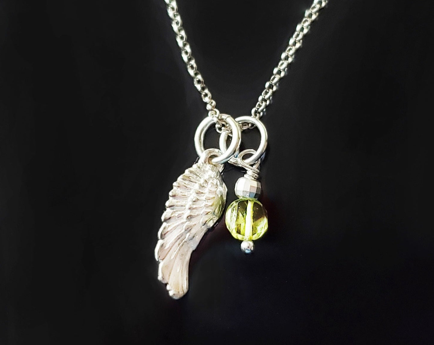 Peridot Wing Necklace, Sterling Silver Wing, Green Gemstone, August Birthstone, Psalm 91