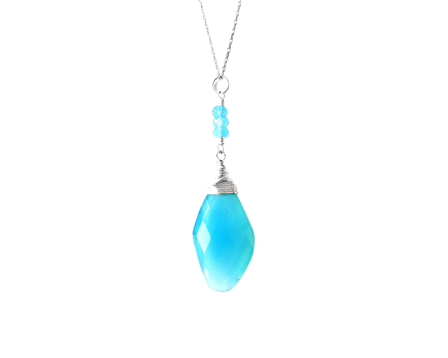 Art Deco Inspired Blue Chalcedony Jade Pendant made with Sterling Silver,  large blue Chalcedony stone decoratively wire wrapped to small blue Jade stones, dangle on a fine chain. 