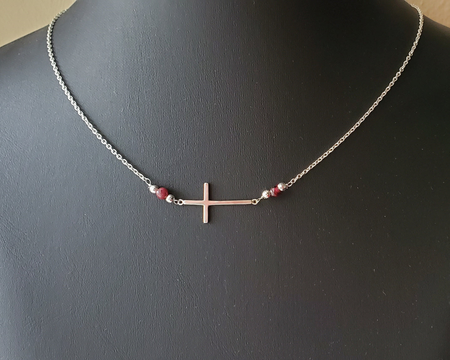 Personalized Two Birthstone Sideways Cross Necklace, Gemstones, Sterling Silver